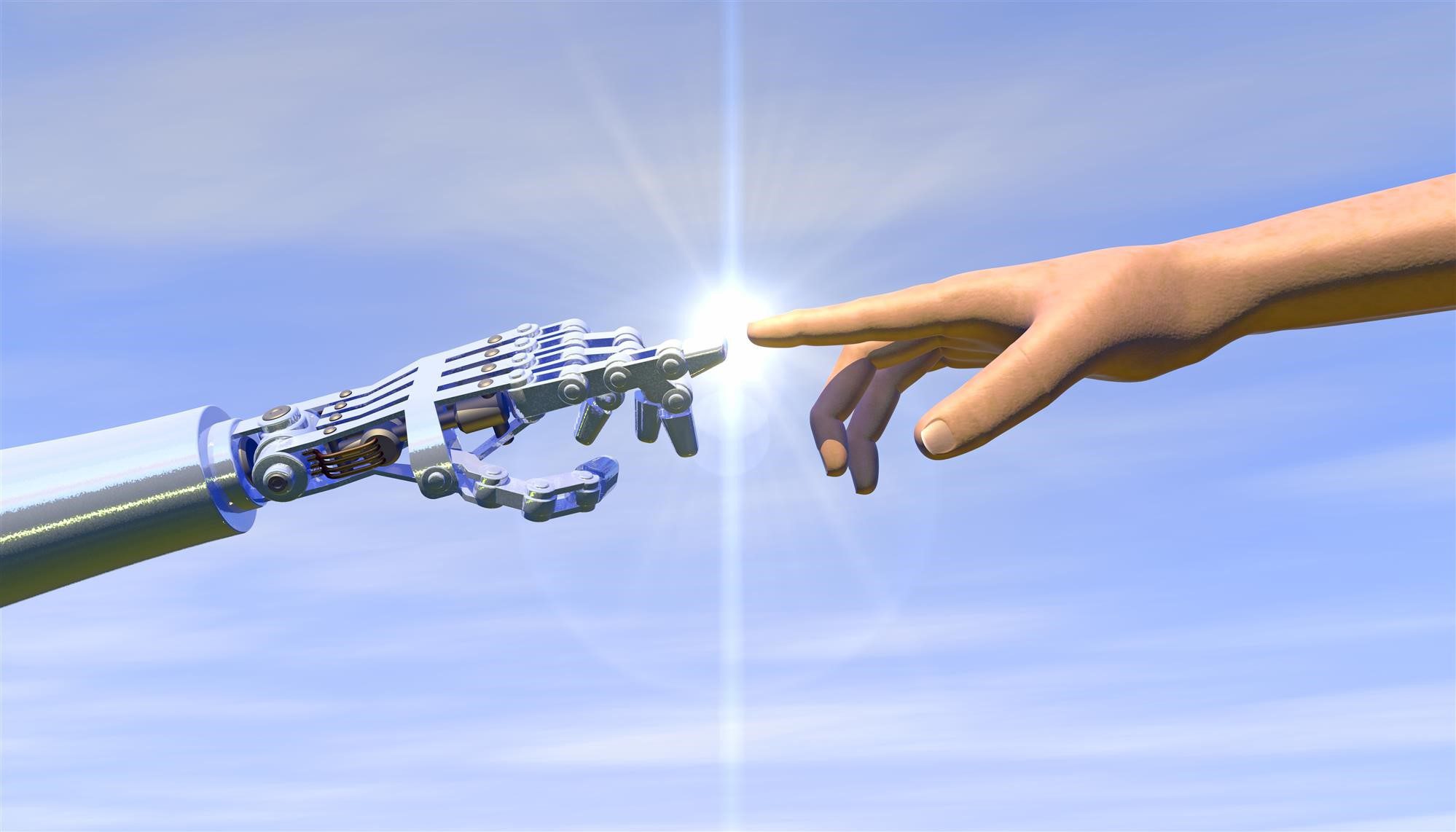 Robot hand touching a human hand