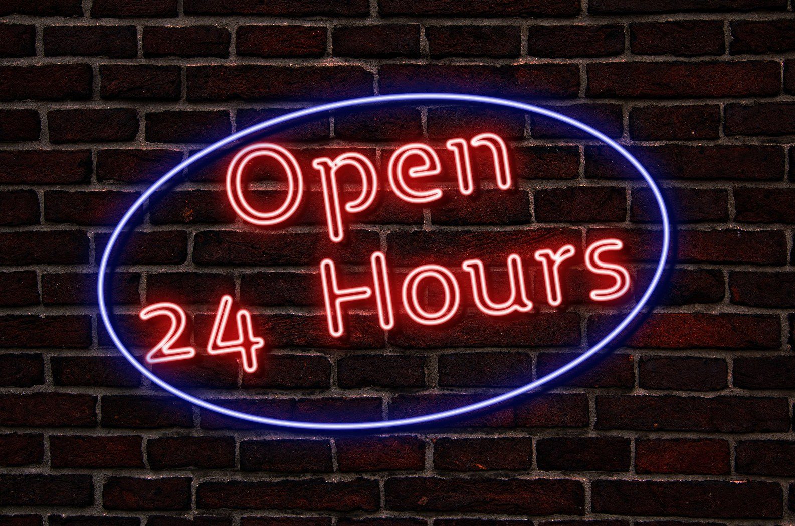 Image of an open 24 hours sign, symbolizing 24/7 answering service